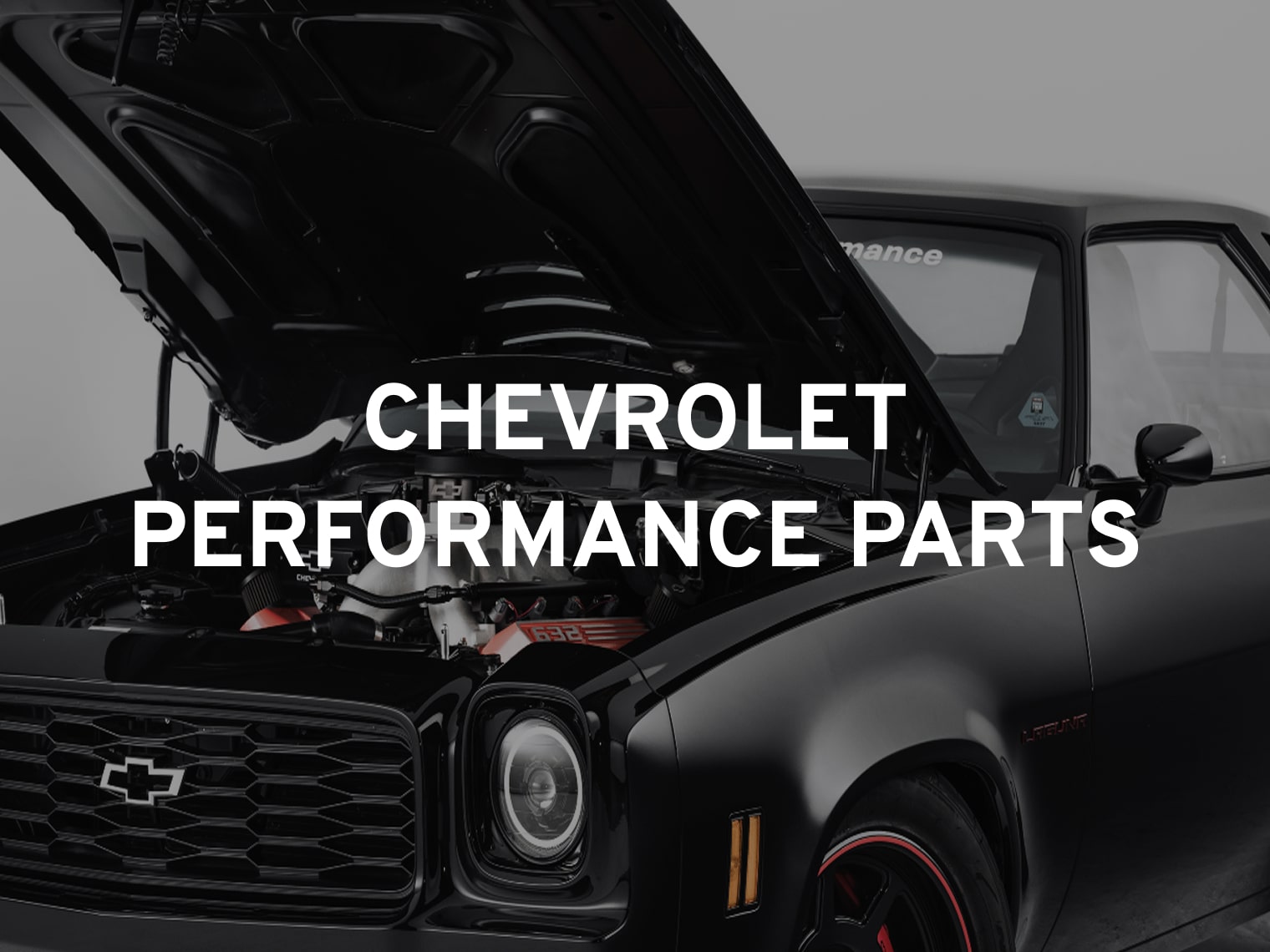The Text "Chevrolet Performance Parts" Overlayed On A Black Chevrolet Muscle Car With The Hood Open To Show The Engine.