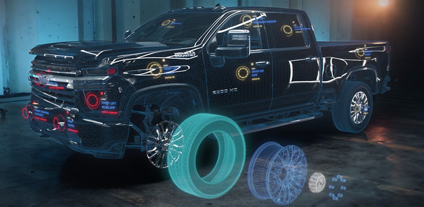 Video Thumbnail of a Three-Quarter View Black Pickup Truck with a 3D Parts Separated for the Front Tire