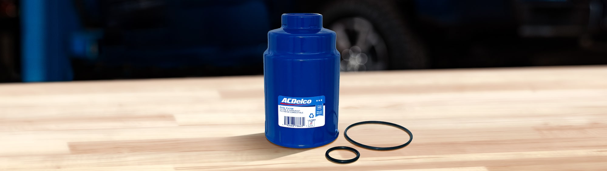 An ACDelco Blue Filter Placed on a Wooden Table