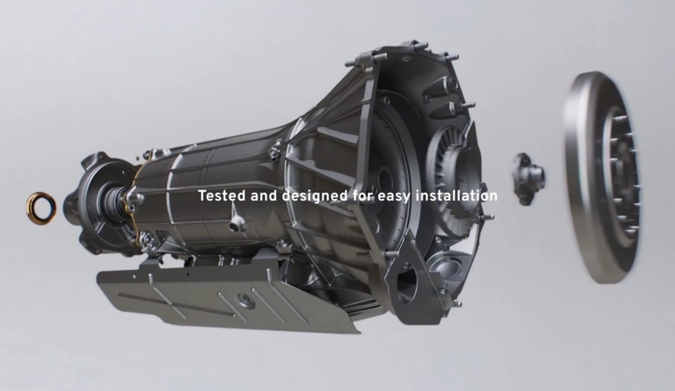 Deconstructed Transmission Part with Text Overlay "Tested and designed for easy installation"